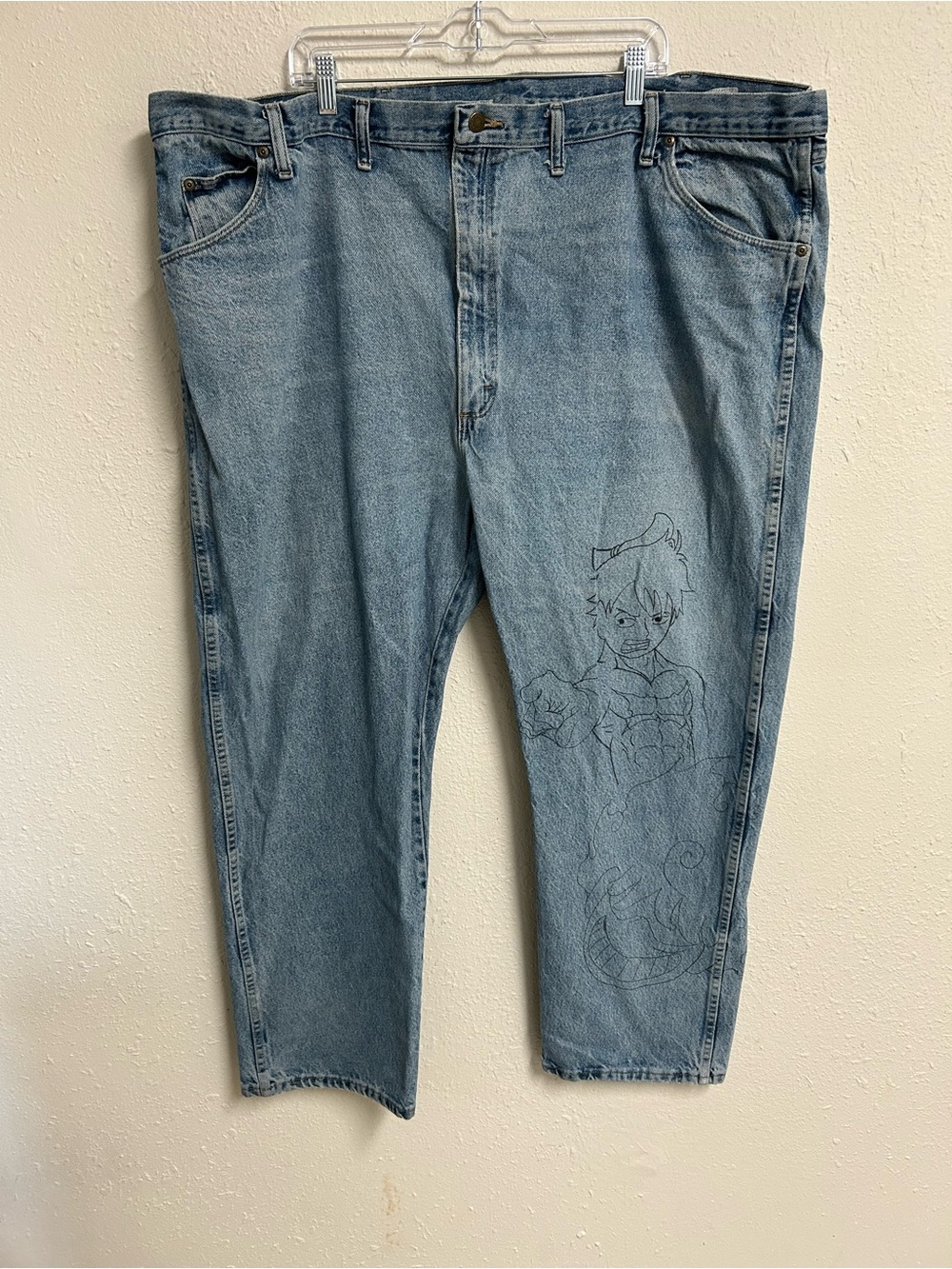 Wrangler Custom One Piece Anime Luffy Jeans Mens 52x30 Hand Drawn Art